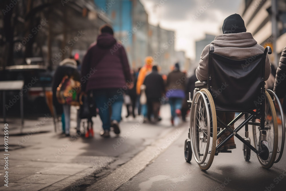 Low angle and selective focus view of disabilities people's wheelchair on the walking street with crowd of people. Low angle and selective focus view of disabilities people's wheelchair on the walking street with crowd of people.