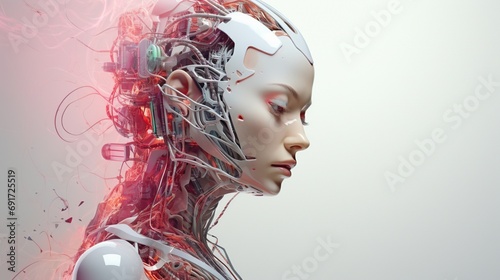 female robot, android face, artificial intelligence concept.white humanoid robot. data network connection background. vector illustration.