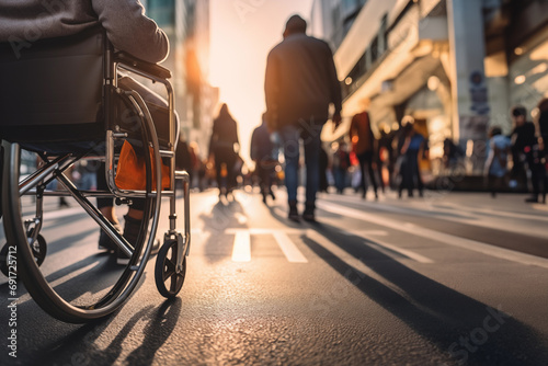 Low angle and selective focus view of disabilities people's wheelchair on the walking street with crowd of people. 