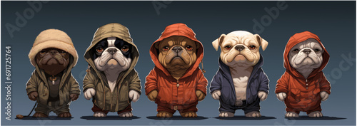 Collection of bulldog dogs with hi-pop clothes