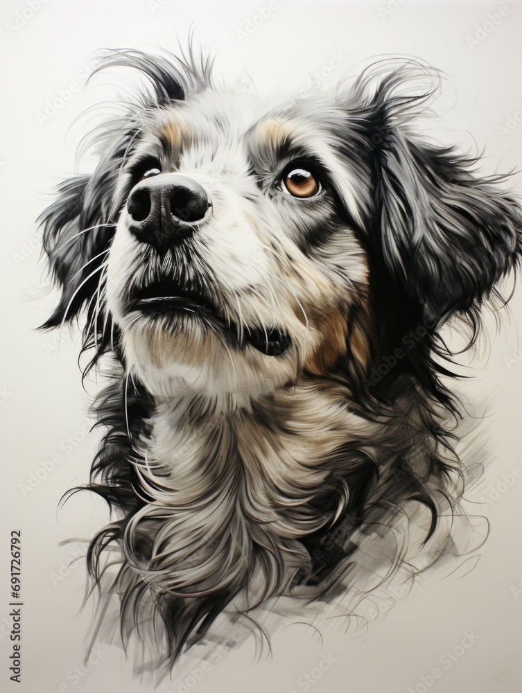 A drawing of a dog with long hair.