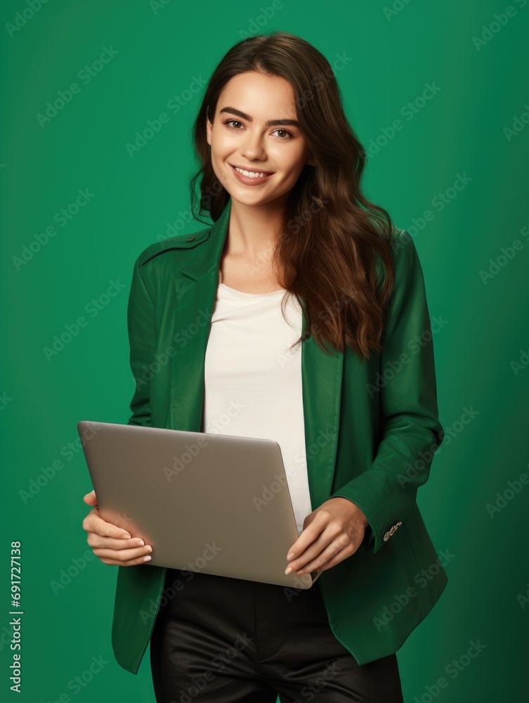 A woman in a green jacket holding a laptop. A woman in a green jacket holding a laptop.