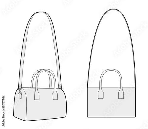 Mini Bowling Cross-Body Tote with removable strap options bag. Fashion accessory technical illustration. Vector satchel front 3-4 view for Men, women style, flat handbag CAD mockup sketch outline