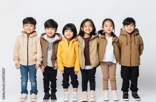 Asian kids girls and boys looking at the camera with white background