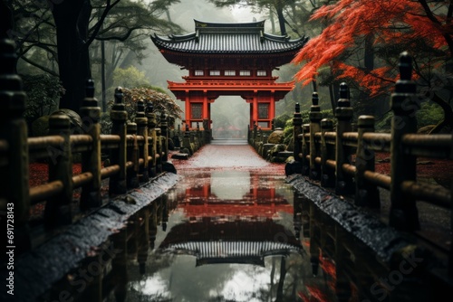 View of a Japanese bridge and gate and its reflection in a puddle