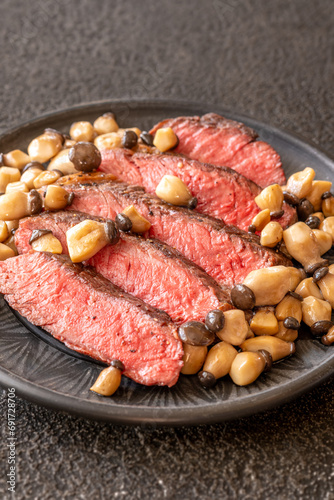 Steak rib eye with mushrooms