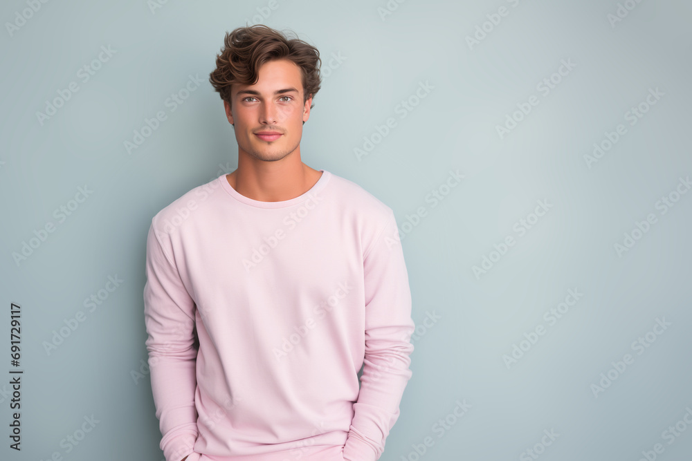 Mockup shirt for design. Portrait of confident young man in short blonde hair wear blank long sleeve T-Shirt. Mockup shirt for design. Portrait of confident young man in short blonde hair wear blank long sleeve T-Shirt.