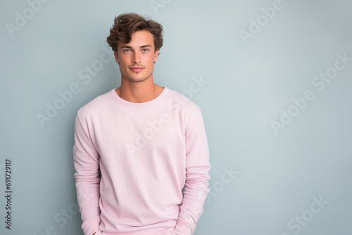 Mockup shirt for design. Portrait of confident young man in short blonde hair wear blank long sleeve T-Shirt. photo