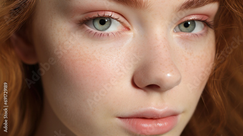 A portrait of a young woman with natural makeup, her delicate features highlighted by the soft Peach Fuzz 2024 backdrop.