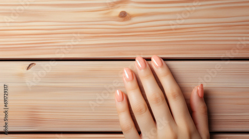 Elegant hand rests on a pine wood surface, fingernails polished in the trendy Peach Fuzz 2024 shade, reflecting natural simplicity.