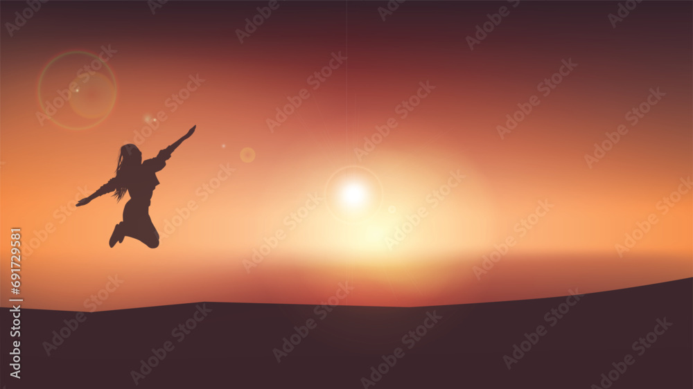 happy girl jumping on beach sea scape sunset vector bg happy girl jumping on beach sea scape sunset vector bg