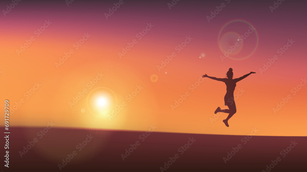 happy girl jumping on beach sea scape sunset vector bg