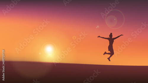 happy girl jumping on beach sea scape sunset vector bg