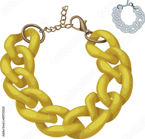 Plastic chain necklace vector illustration isolated on white background. Round shape metal jewelry piece, yellow chunky chain fashionable accessory