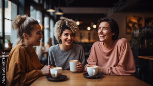 Group of female friends having a coffee together. Three women at cafe, talking, laughing and enjoying their time. Lifestyle and friendship concepts . photo