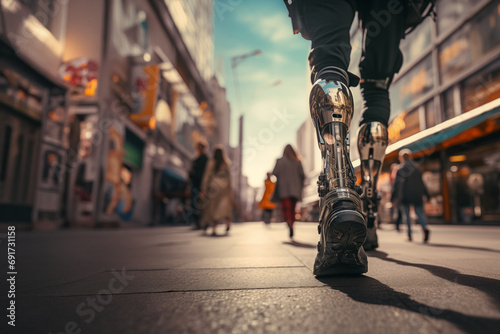 Low angle and selective focus view of disabilities people's prosthetic legs on the walking street with crowd of people. photo