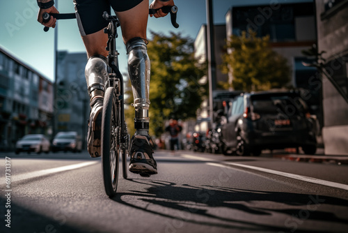 Low angle and selective focus view of disabilities people's prosthetic legs of rider who ride bicycle on the street.