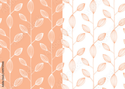 Vector seamless pattern design with hand drawn sketch leaves illustration. peach fuzz color