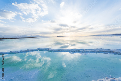 Beautiful view of sky mirror at Mangya Emerald Lake in Qinghai, China photo