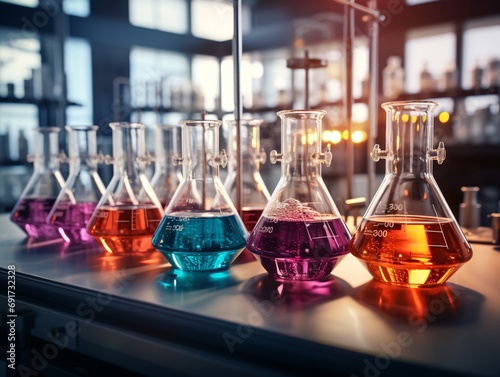  Laboratory glassware with colorful liquid in chemical laboratory, science research and development concept