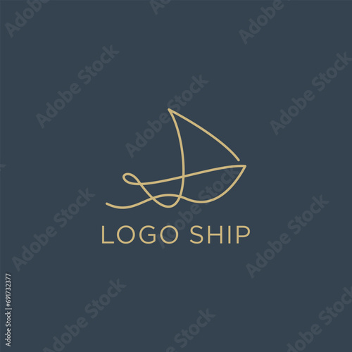 Sailboat Simple Ship Logo Design, Line art style edition  illustration signature .