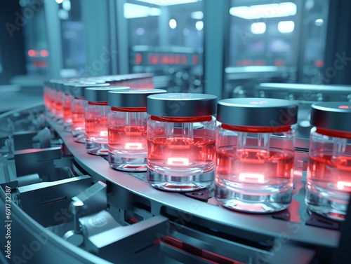 A conveyor belt in a modern production line with led lights Pharmacology