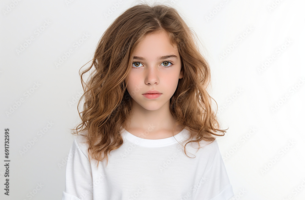 European white young girl looking at the camera with white background European white young girl looking at the camera with white background