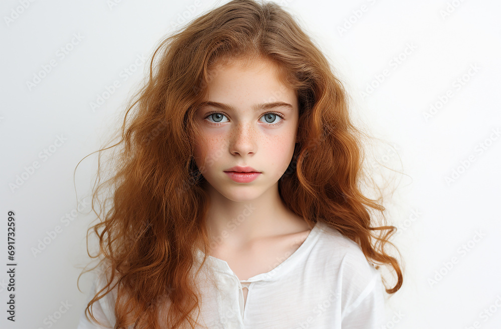 European white young girl looking at the camera with white background European white young girl looking at the camera with white background
