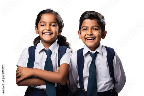 schoolboy study fashion happiness person smile classmate concept studio beautiful backpack clothing costume india asian 2 Cheerful Indian school kids uniform standing isolated white background