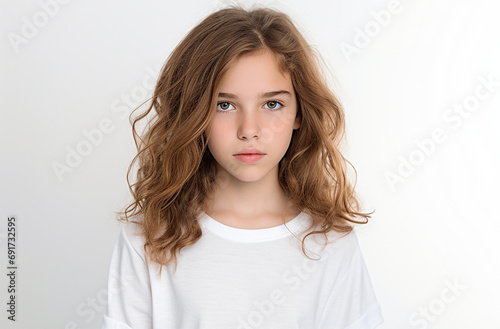 European white young girl looking at the camera with white background