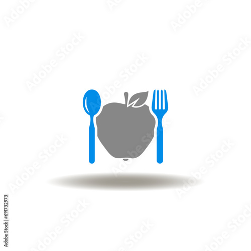 Vector illustration of apple with fork and spoon. Icon of dieting. Symbol of metabolism. Sign of paleo diet. Pictogram of vegetable, vitamin, eco, healthy food.