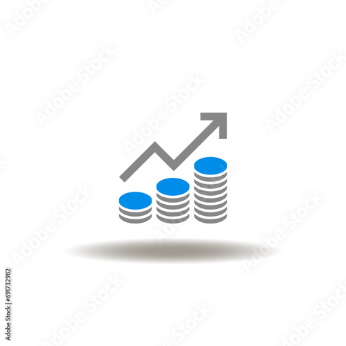 Vector illustration of coins stack with growth chart. Icon of investment profit. Symbol of capital growing.