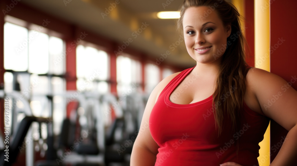 Active plus size woman after training in fashionable sporty clothes posing together, smiling. People lifestyle. Gym, healthy lifestyle concept. Body acceptance.