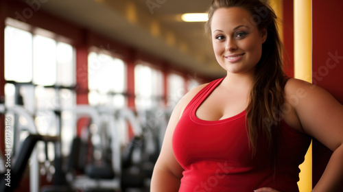 Active plus size woman after training in fashionable sporty clothes posing together  smiling. People lifestyle. Gym  healthy lifestyle concept. Body acceptance.