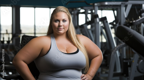 Active plus size woman after training in fashionable sporty clothes posing together, smiling. People lifestyle. Gym, healthy lifestyle concept. Body acceptance.