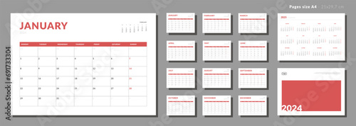 Set of Monthly pages Calendar Planner Templates 2024 for wall or desk with Cover and place for Photo, Company Logo. Vector layout of simple calendar with week start Monday for print. Pages for size A4 photo