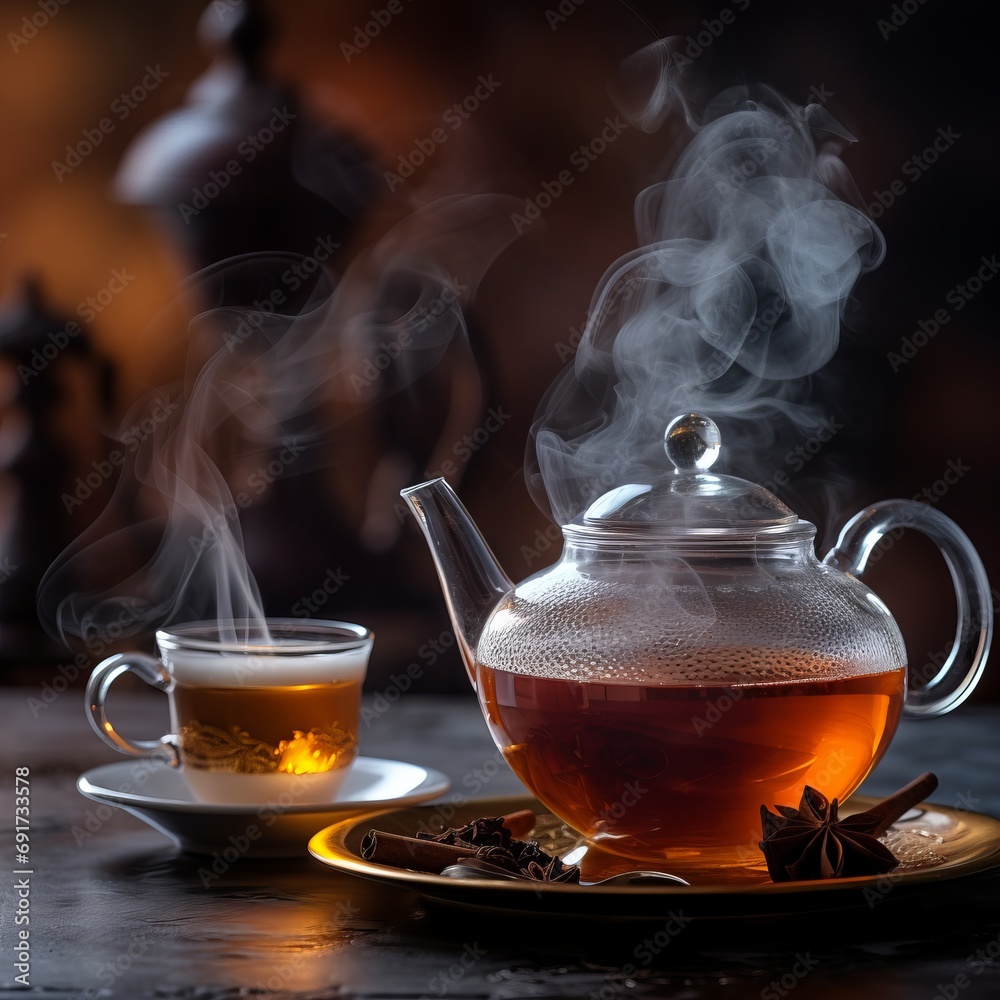 A cup of tea with a steam coming out of it. Teapot with a cup of tea,Steaming Elegance A Cup of Earl Grey Tea on a Cozy Afternoon A cup of tea with a steam coming out of it. Teapot with a cup of tea,Steaming Elegance A Cup of Earl Grey Tea on a Cozy Afternoon
