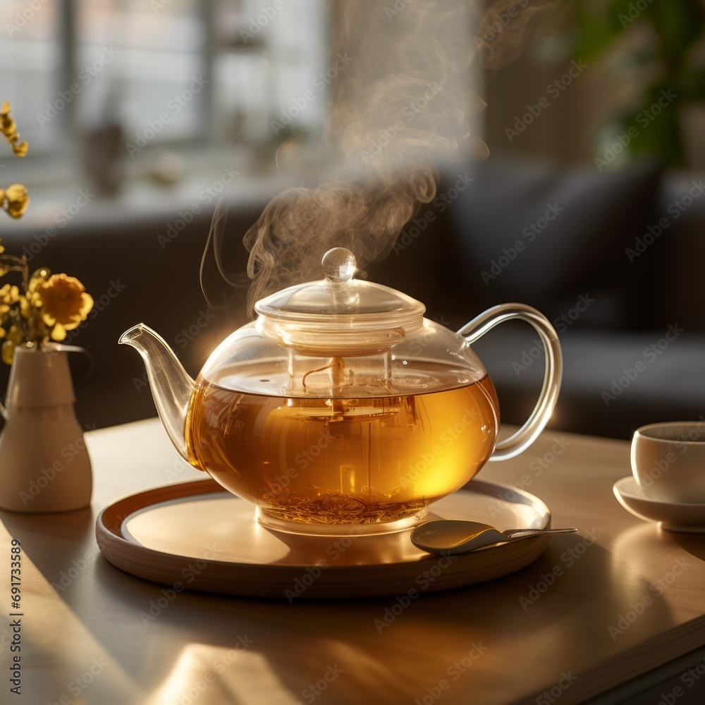 elegant teapot fine porcelain. gentle clouds of steam rise. luminous, amber liquid that catches the light and shimmers in warm gold tones. elegant teapot fine porcelain. gentle clouds of steam rise. luminous, amber liquid that catches the light and shimmers in warm gold tones.