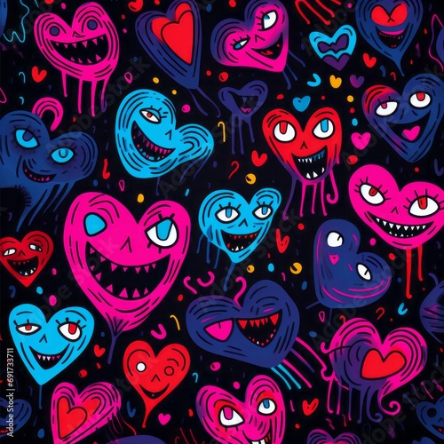 Strange ugly hearts with faces, Neon, Vector clipart Valentine seamless pattern, Red and pink, illustration, Funky doodle trendy print, colorful handdrawn childish cartoon art. Groovy fauve weird odd  photo