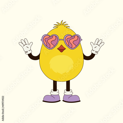 Cartoon easter groovy chick in trendy retro 70s style.Vector illustration