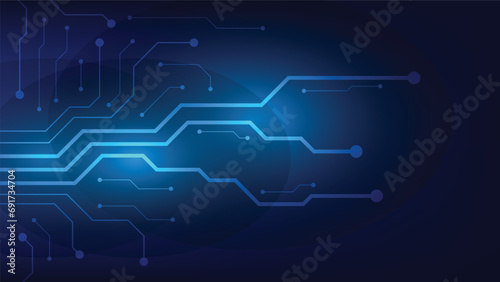 Hi tech digital circuit board. electrical lines connected on blue lighting background. futuristic technology design element concept