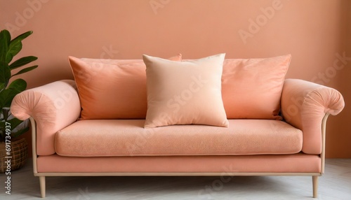 Peach Fuzz color sofa, background with selective focus and copy space