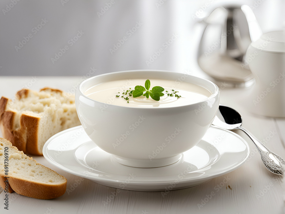 Cream soup in a white bowl with bread - Generative AI Cream soup in a white bowl with bread - Generative AI