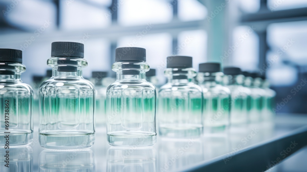 Medical glass little vials for liquid product at pharmaceutical factory. Medical glass little vials for liquid product at pharmaceutical factory.