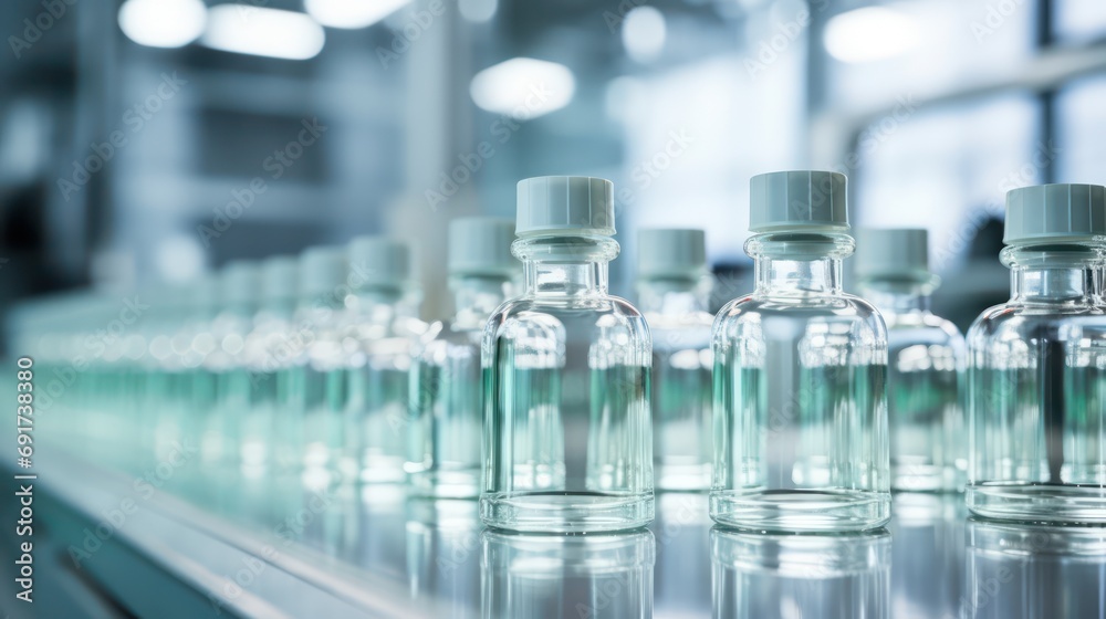 Medical glass little vials for liquid product at pharmaceutical factory. 