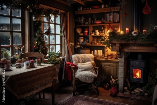 Living room with Christmas decorations and fire. New Year atmosphere. AI Generated © EarthWalker