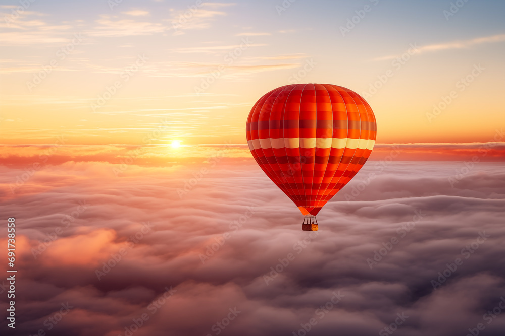 Colorful hot air balloon floats over a sea of clouds at sunset at sunset with orange and blue skies in the background. Travel journey adventure beauty of nature concept Colorful hot air balloon floats over a sea of clouds at sunset at sunset with orange and blue skies in the background. Travel journey adventure beauty of nature concept
