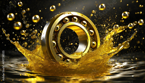 Close-up of bearing in oil splash lubrication, industrial bearing lubricant, oil bath lubrication method. photo