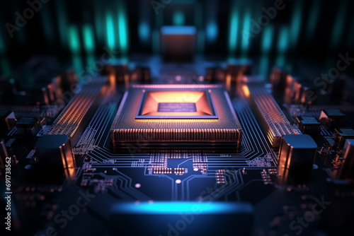 Close-up of a computer processor chip CPU on a motherboard with glowing neon lights. The chip is surrounded by other electronic components. Technology and hardware related content photo