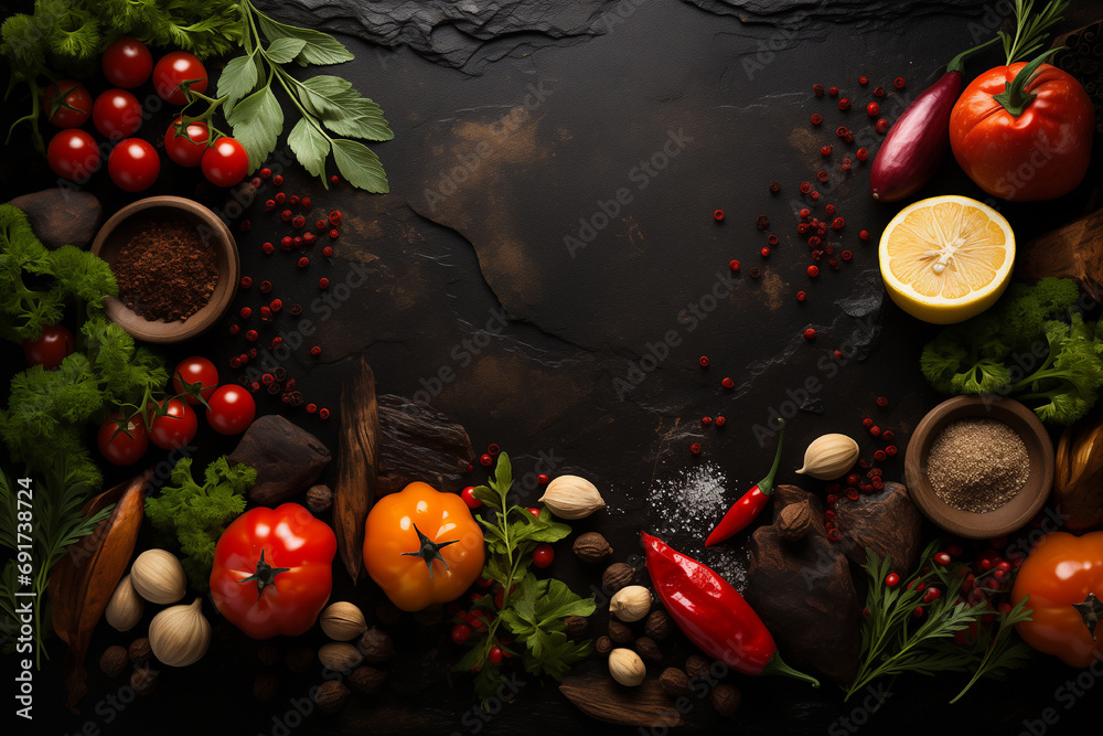 Ingredients on black stone table background,used for cooking.